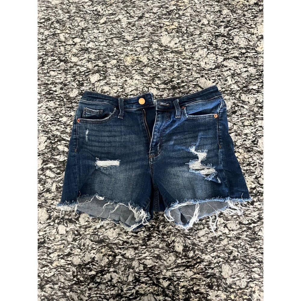 Universal Thread High Rise Midi Denim Shorts Dark Wash Distressed Cut Off Size 6